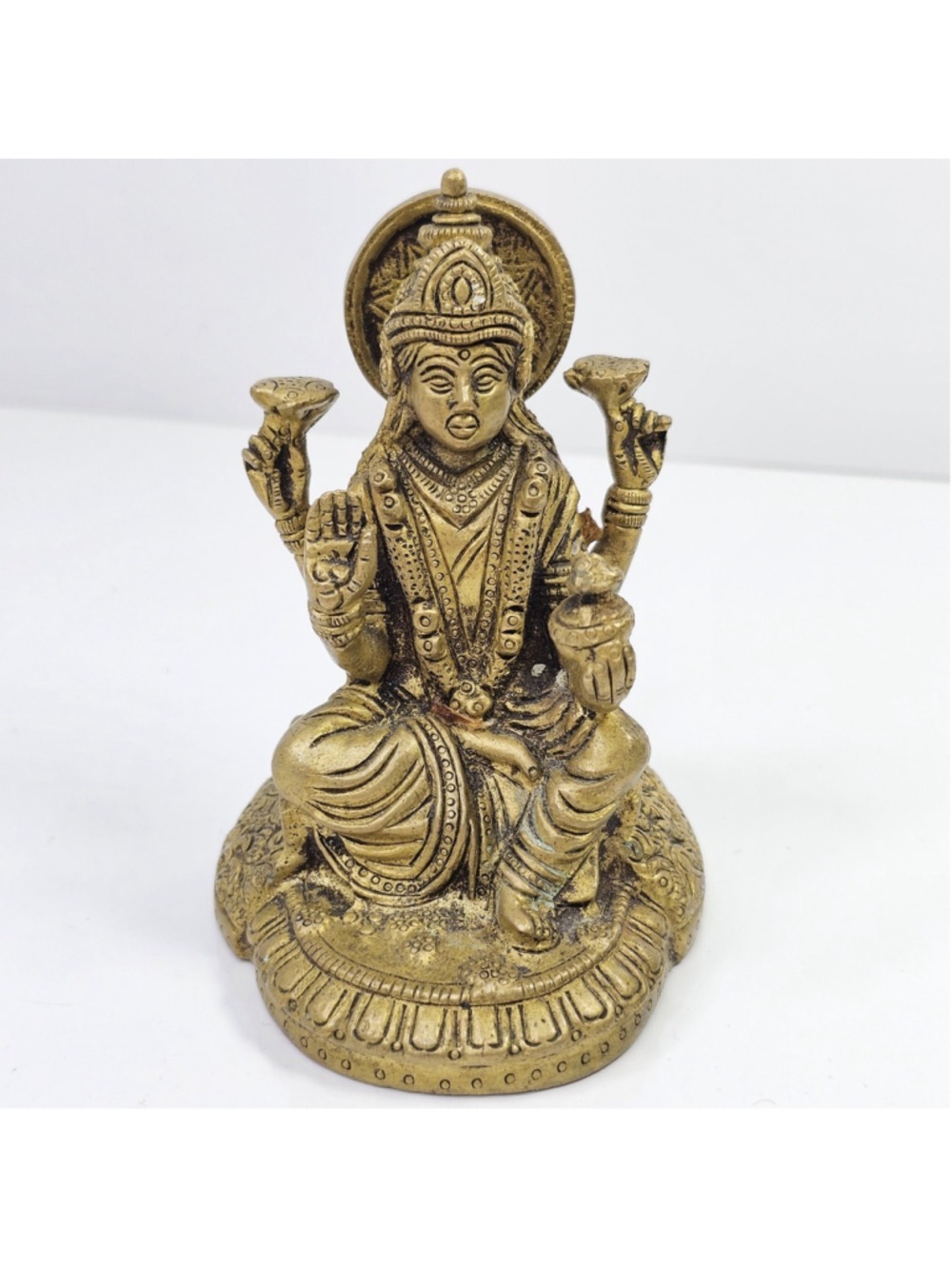 Vintage Brass Hindu Goddess Lakshmi Statue 4 Arm Lotus Figure India